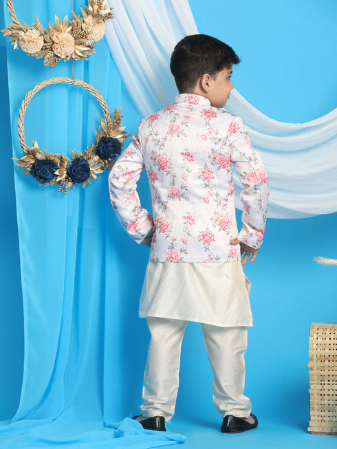 Floral Printed Peach Bandhgala Prince Coat Jodhpuri With Cream Kurta Pyjama Set